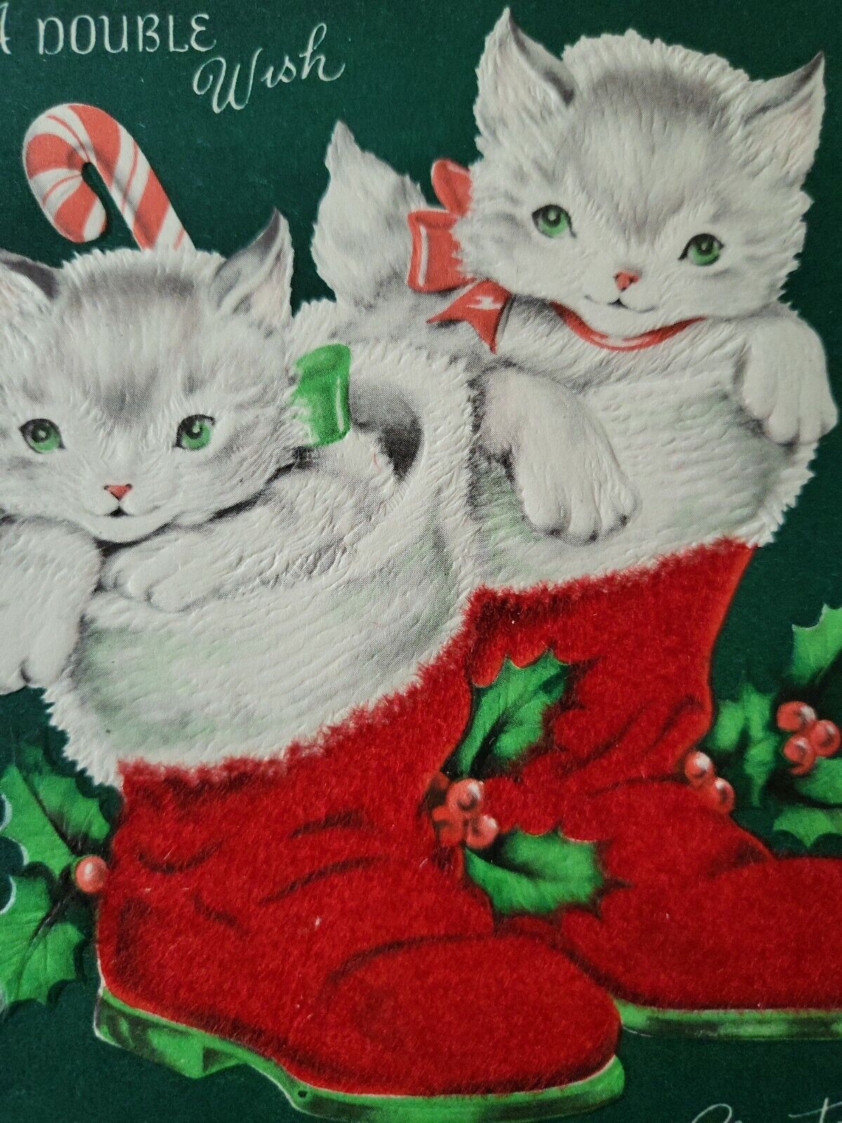 Vtg Christmas Greeting Card Kittens Inside Santa Claus Red Boots Flocked 1950s
