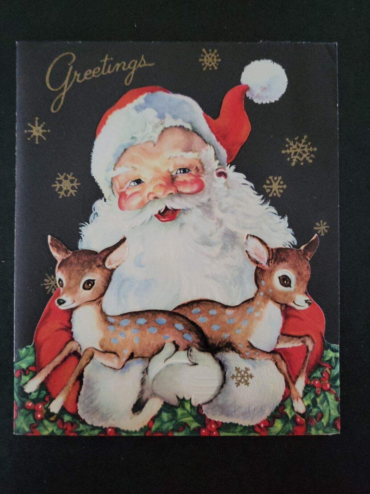 Vtg Christmas Greeting Card Santa Claus Holding two Deer Fawns Snowflakes holly